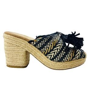 Toms Womens Black Open Toe Junie Wedge Slip On Block Heels Tasseled Sandals W7